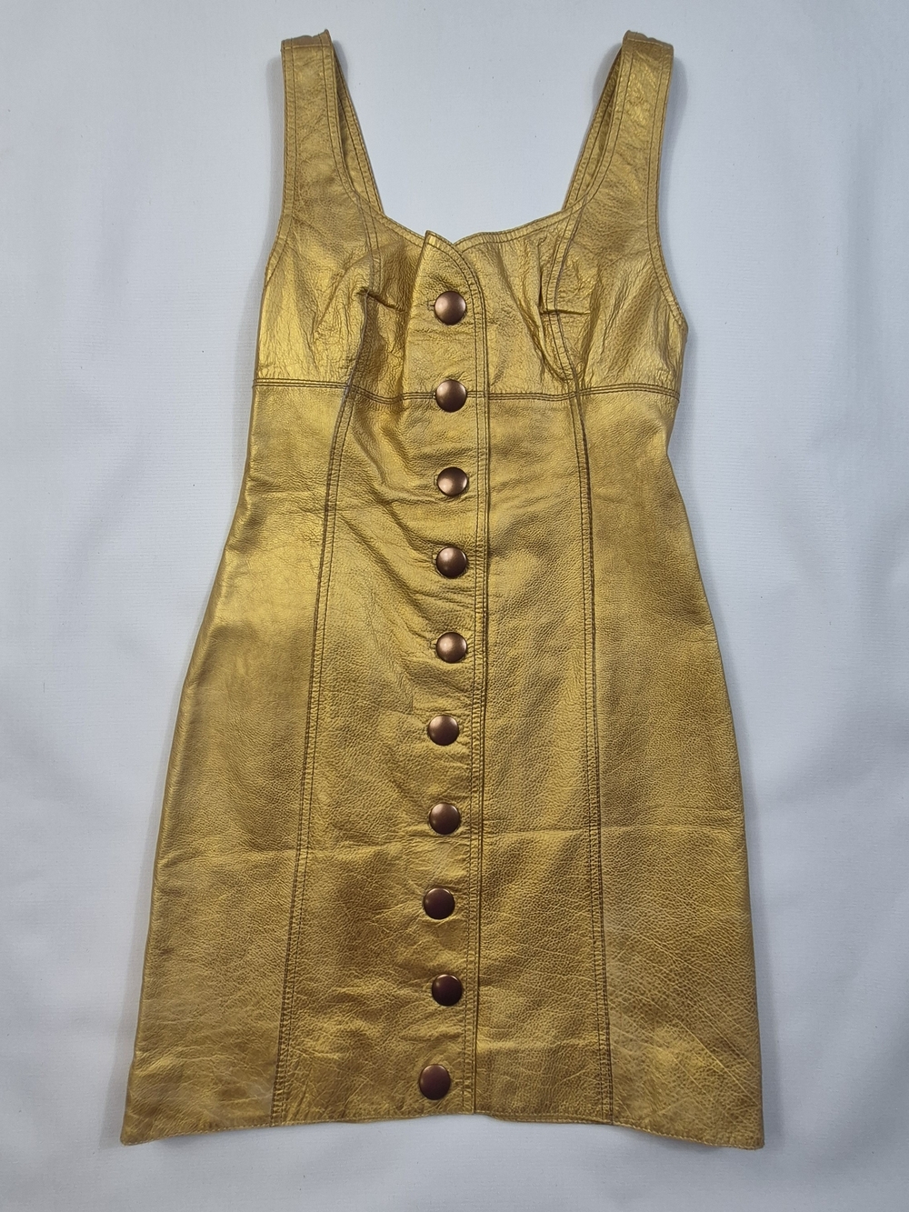 Free People Gold Metallic Real Leather Button Front Mini Dress Size 0 NWT